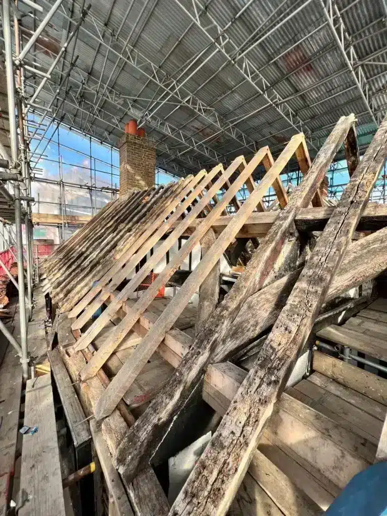 Roofing timbers undergoing restoration in the Cockpit, Windsor